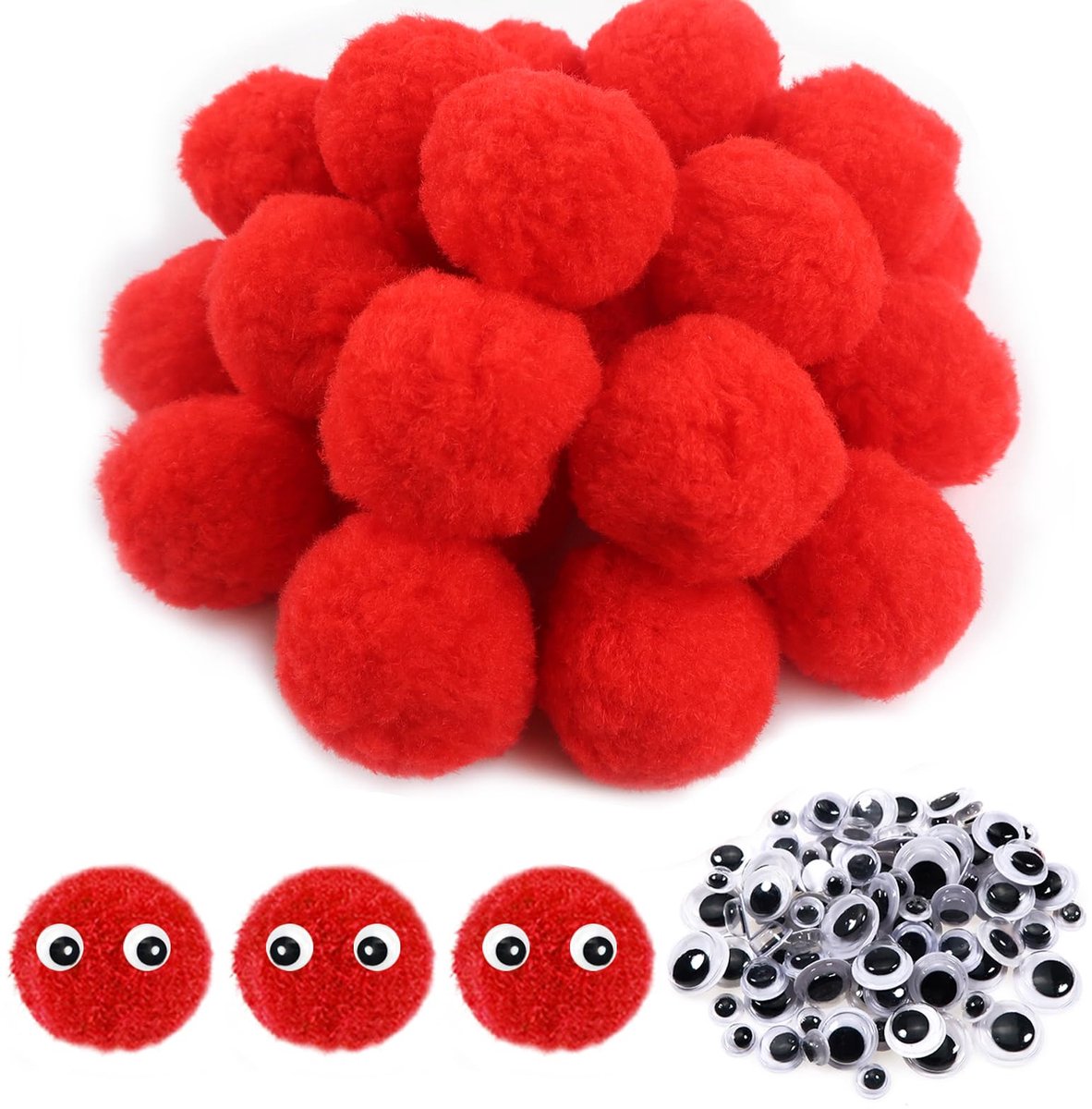 TOAOB 50 stuks Pompons Bal 40 mm Grote Pluizige Pompons Rode Pompoms Ballen en 100 stuks Wiebelogen voor doe-het-zelf Ambachten Decoraties