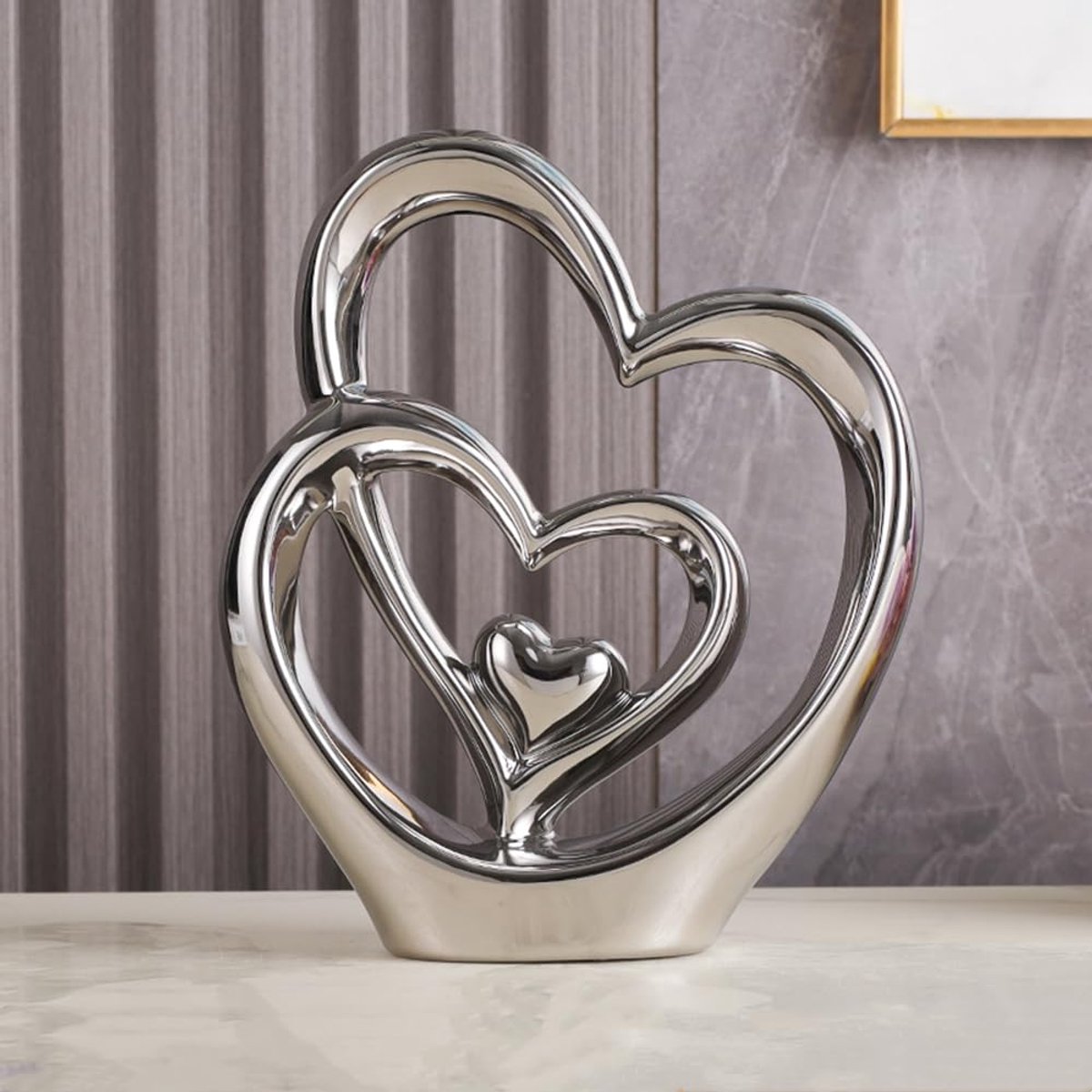 Dubbel hart ornament, dubbel hart keramisch standbeeld, woondecoratie sculptuur, creatief huis modern geschenk kantoor woonkamer decoratie collectie souvenir, cadeau. (zilver A)