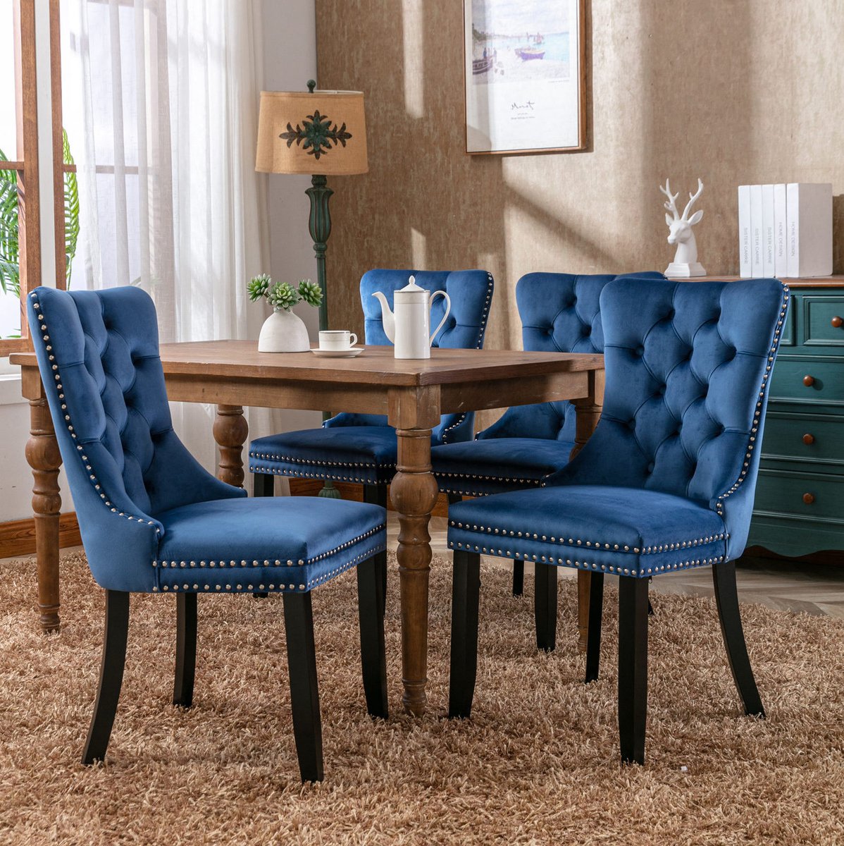 DESMIU Eetkamerstoel Set Van 2 - Gestoffeerde Stoel Met Hoge Rugleuning, Knopen En Metaalnagels - Voor Eetkamer En Woonkamer - Hout - Blauw