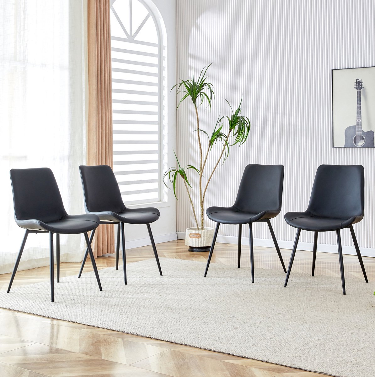 DESMIU Eetkamerstoel Set Van 4 - Kuipstoel Met PU Leer En Metalen Onderstel - Modern Voor Eetkamer En Home-Office - Zwart