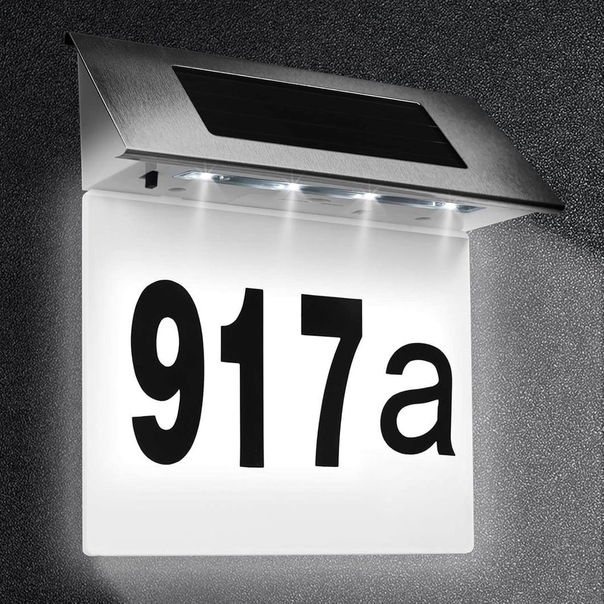 Huisnummer, roestvrij staal, verlicht op zonne-energie, 4 leds, met schemerschakelaar, IP65 waterdicht, outdoor met cijfers 0-9 en letters A-H (A)