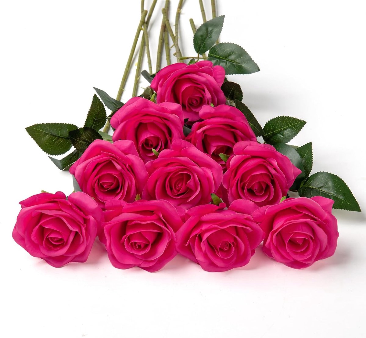 10 stuks kunstrozen nep zijden bloemen realistische bruidsboeketten met enkele lange plastic stengels voor arrangement bruiloft tafel middelpunt feest woondecoratie (Fuchsia)