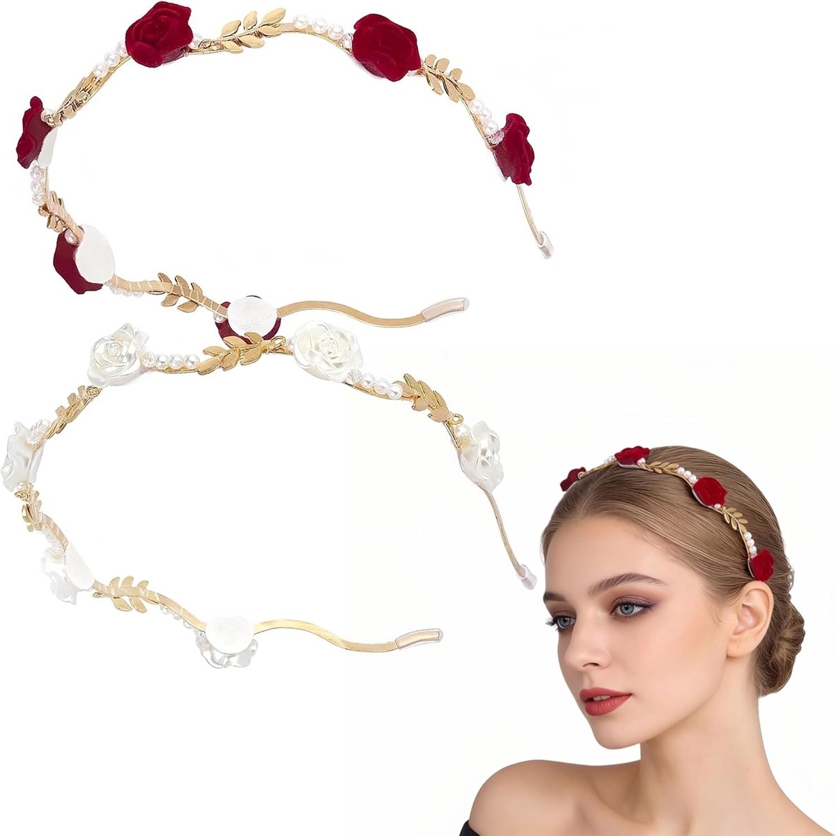 2 stuks roze haarband rood wit dirndl haaraccessoires dames parels haarband bloemenkrans haar kinderen haarband met bloemen meisjes elegante haarsieraden voor feesten, feesten, bruiloften,