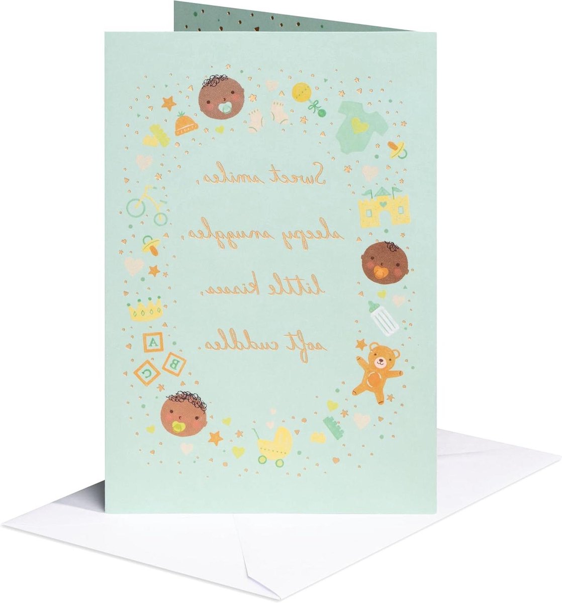 Babyshower Kaart - Geboorte Wenskaart - Geliciteerd Versturen - Gouden Folie Details - 17.1 x 11.7 cm - Baby Iconen
