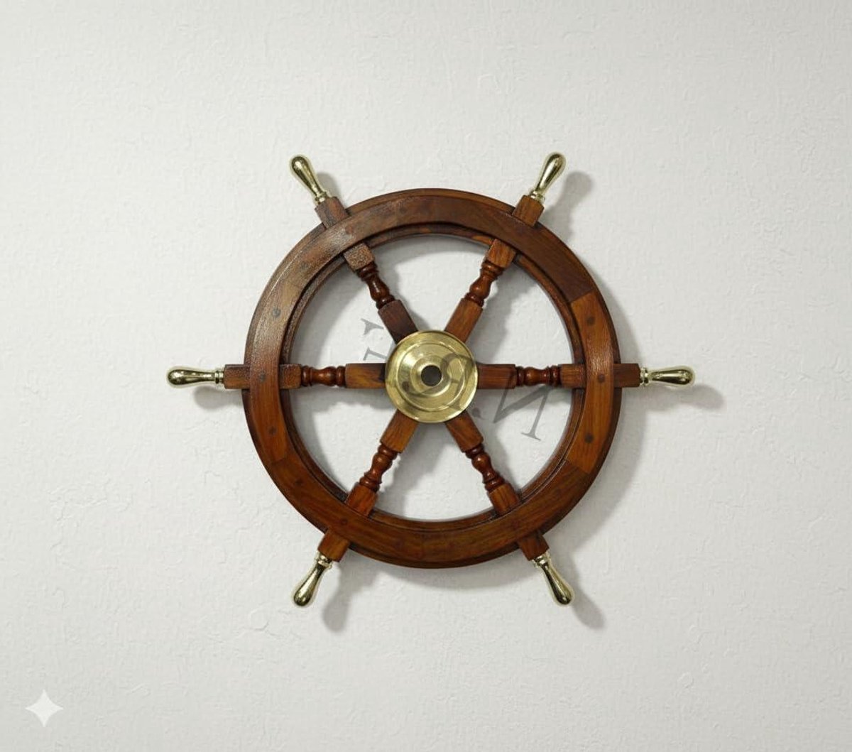 Scheepsstuur Decoratie - Houten Wiel Wanddecoratie - Maritieme Sfeer Creëren - Messing Handgrepen - 45 cm - Bruin Messing