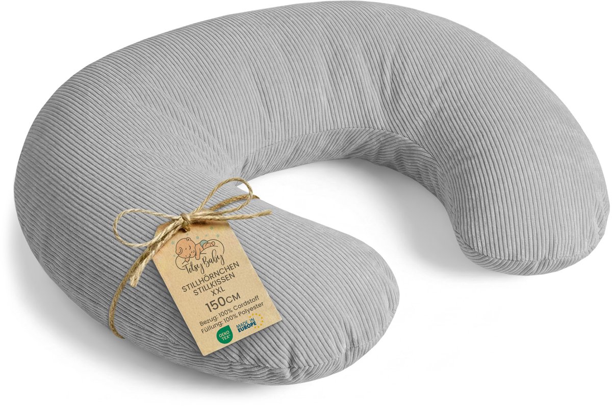 Voedingskussen baby Premium 150 cm C-vorm borstvoedingskussen Nursing Pillow – afneembare Corduroy hoes ergonomisch wasbaar pasgeboren zacht ademend – OEKO-TEX gecertificeerd Lichtgrijs