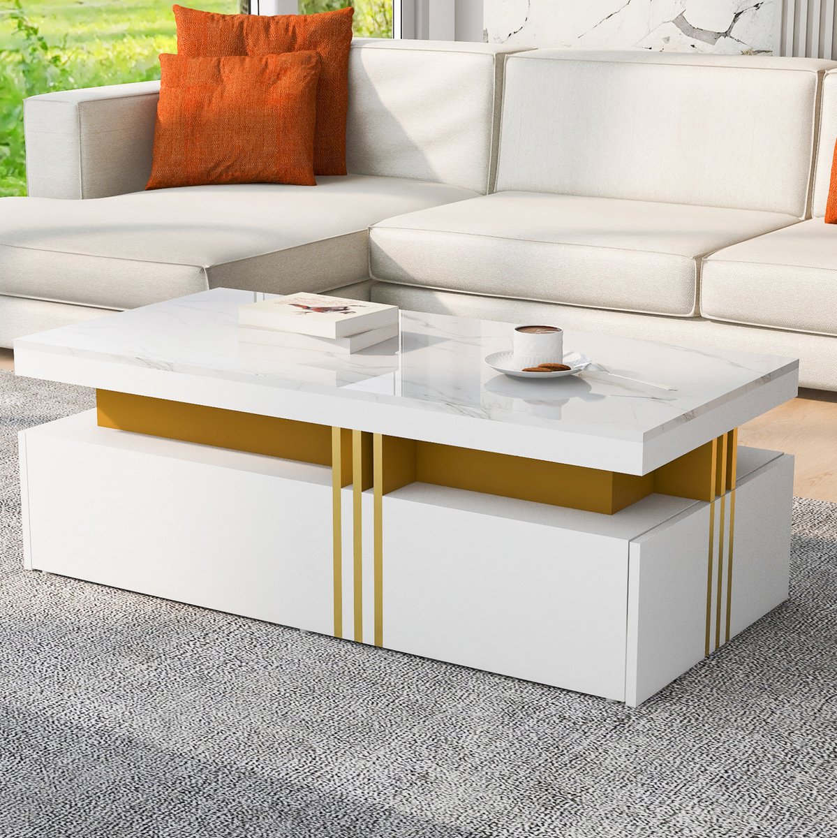 HAUSS SPOLE Salontafel - Hoogglans Marmerlook Met 2 Lades - Modern Voor Woonkamer En Kantoor - Spaanplaat En Metaal - 100x50x40 Cm - Wit