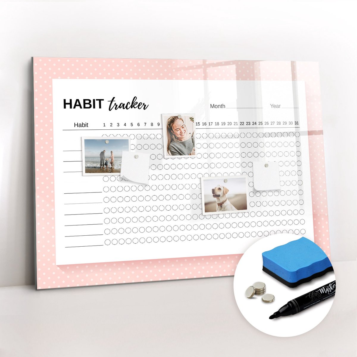 Tulup Whitebord - Dagelijkse gewoonteregistratie - 100 x 70 cm - Roze Magnetisch Memobord - Gratis 5 Sterke Magneten + Whiteboard Marker & Wisser - Design Memobord - Memobord Magnetisch - Productiviteit Tools