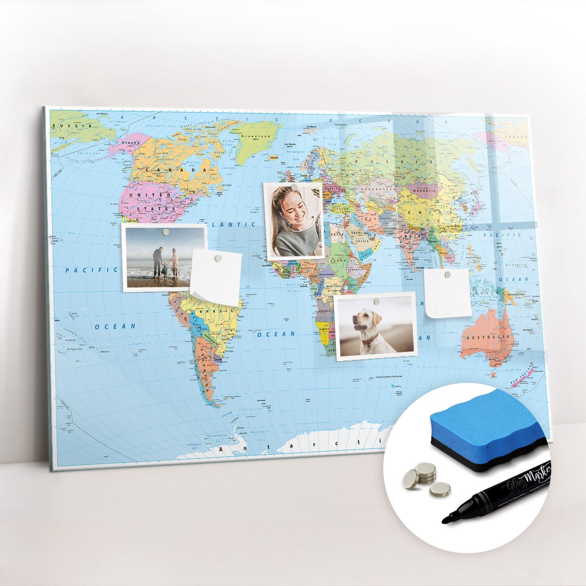 Tulup Whitebord - Overzicht van de politieke wereldkaart - 90 x 60 cm - Veelkleurig Magnetisch Bord Kind - Gratis 5 Sterke Magneten + Whiteboard Marker & Wisser - Interieur Accessoires Kantoor - Foto Magneetbord - Productiviteit Tools
