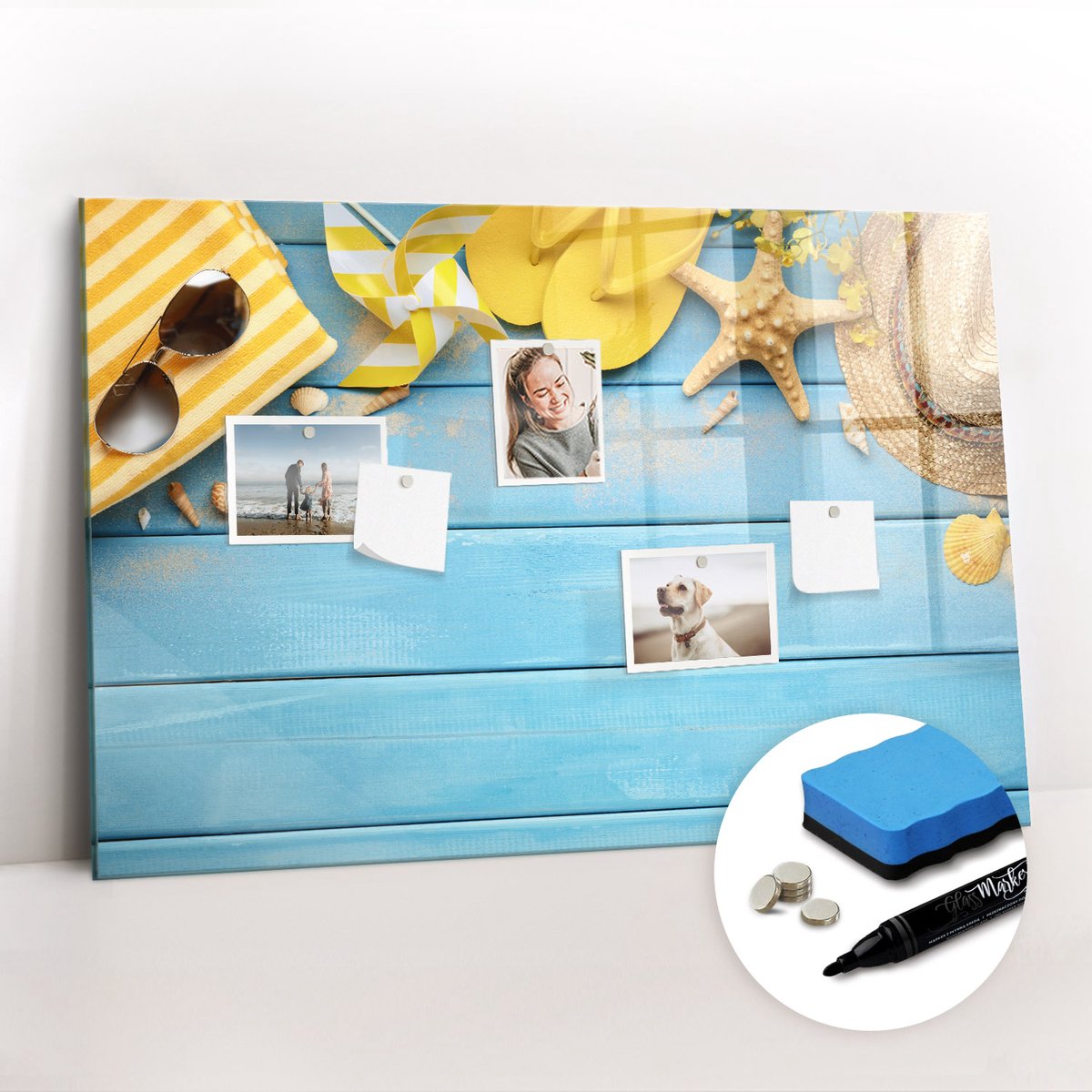 Tulup Whitebord - Vakantie strandaccessoires - 90 x 60 cm - Veelkleurig Memo Bord - Gratis 5 Sterke Magneten + Whiteboard Marker & Wisser - Stylish Memo Board - Magneetbord Foto - Notitiebord Werkplek