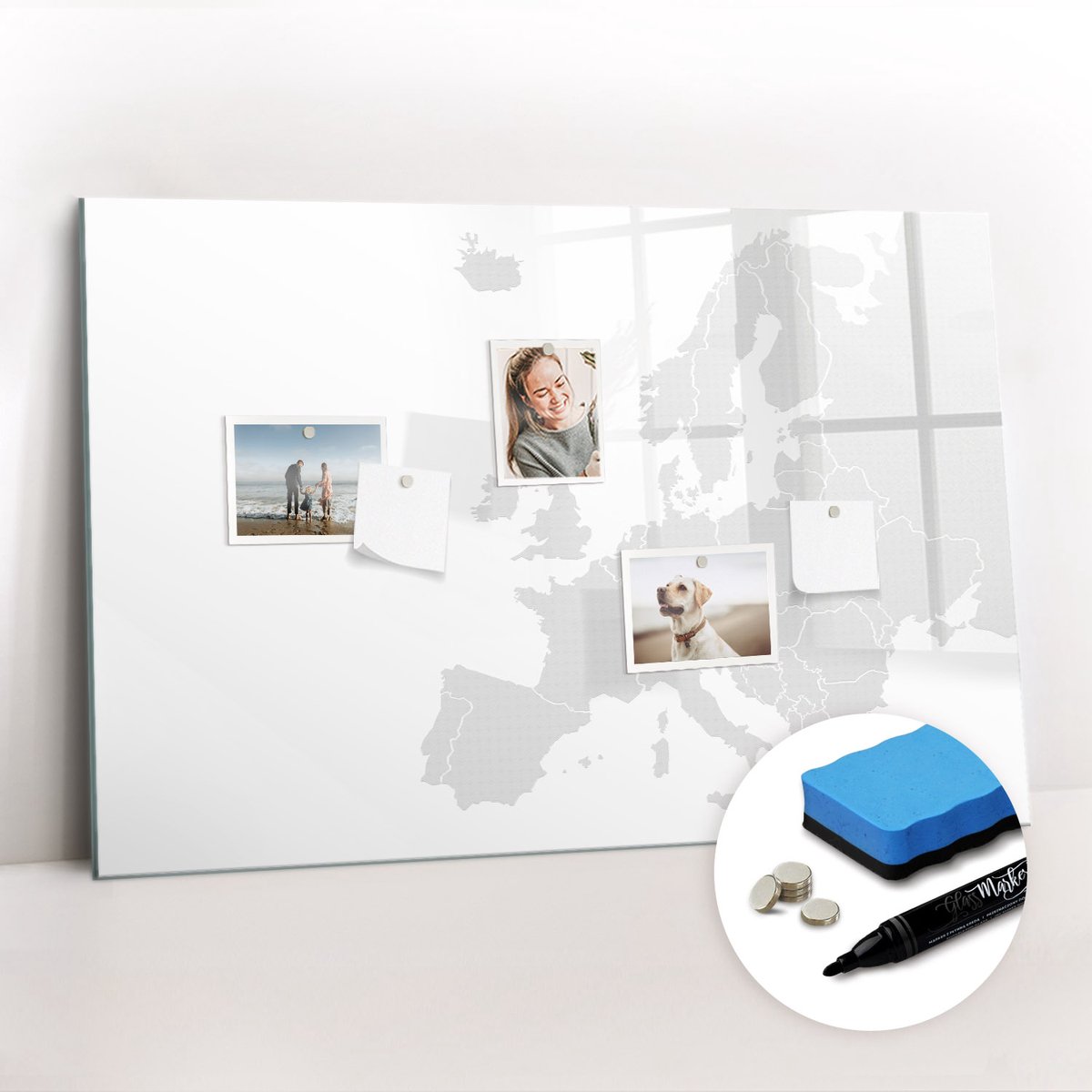 Tulup Whitebord - Kaart van Europa - 90 x 60 cm - Grijs Memobord Glas - Gratis 5 Sterke Magneten + Whiteboard Marker & Wisser - Minimalistisch Prikbord - Magnetisch Bord Kind - Planning Muur