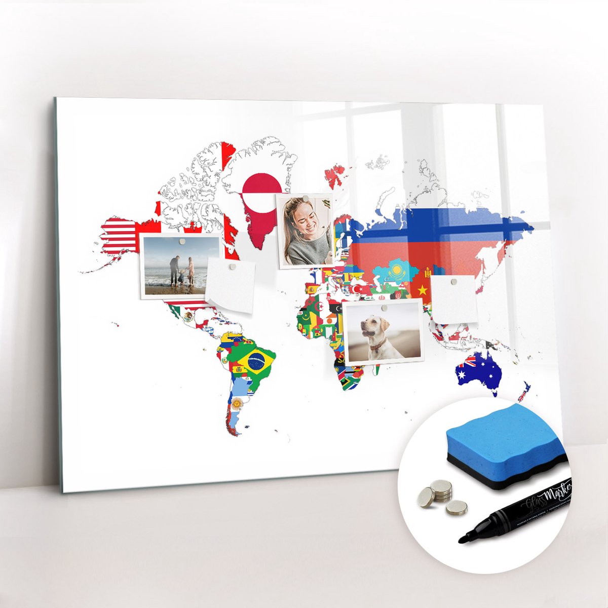 Tulup Whitebord - Kaart van nationale vlaggen - 100 x 70 cm - Wit Magnetic Board - Inclusief Gratis Magneten & Marker & Spons - Design Memobord - Magnetisch Memobord - Ideeënbord Thuiswerkplek