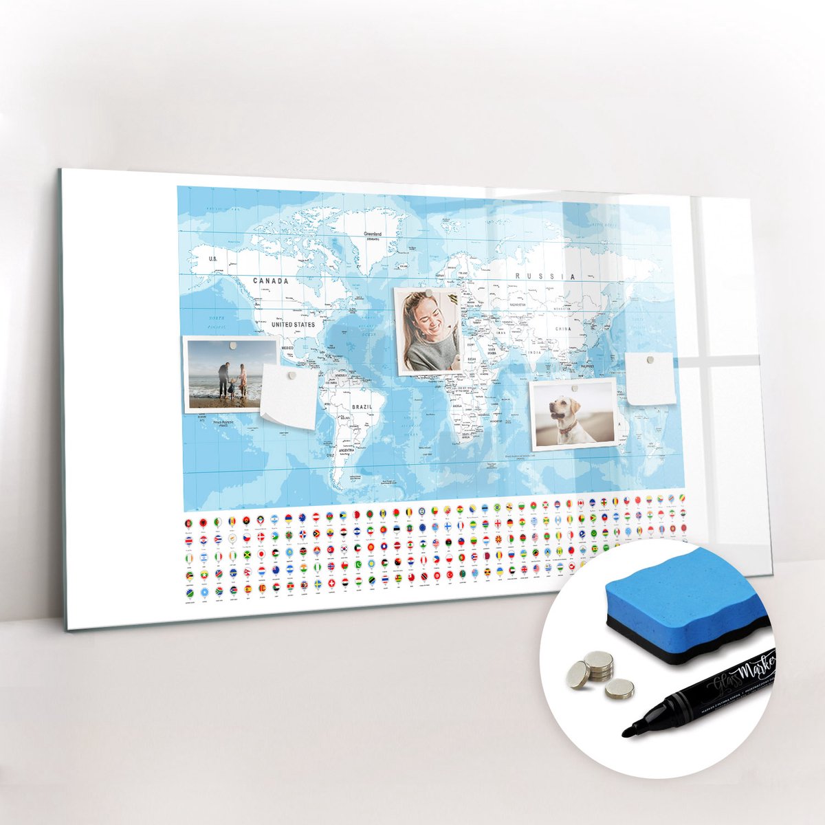 Tulup Whitebord - Illustratie van een kaart van de continenten - 120 x 60 cm - Blauw Memobord Keuken - Gratis 5 Sterke Magneten + Whiteboard Marker & Wisser - Industrieel Wandbord - Memo Bord - Inspiratiebord Kantoor