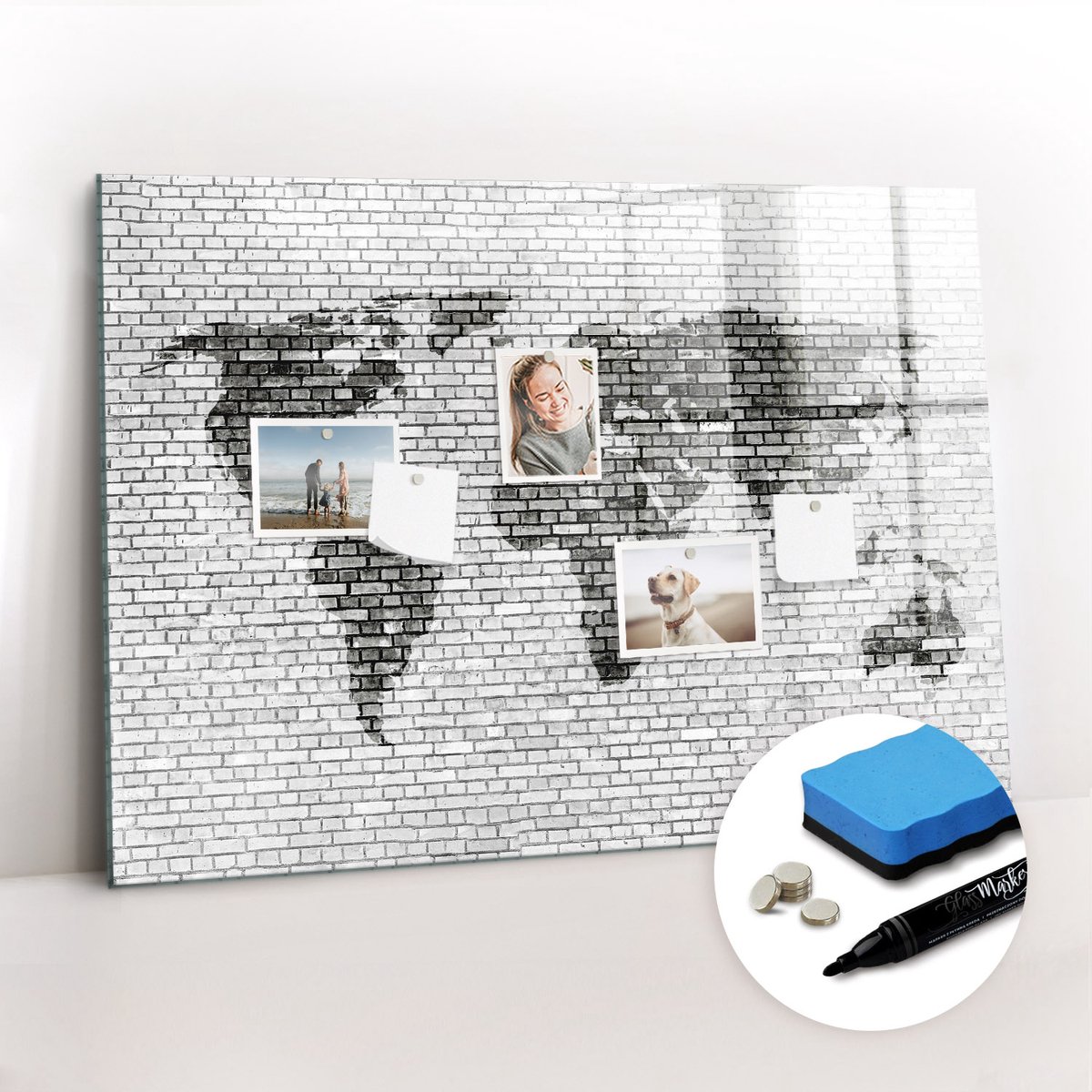 Tulup Whitebord - Wereldkaart van een bakstenen muur - 100 x 70 cm - Grijs Magnetisch Bord Kind - Gratis 5 Sterke Magneten + Whiteboard Marker & Wisser - Industrieel Wandbord - Magneetbord Design - Productiviteit Tools