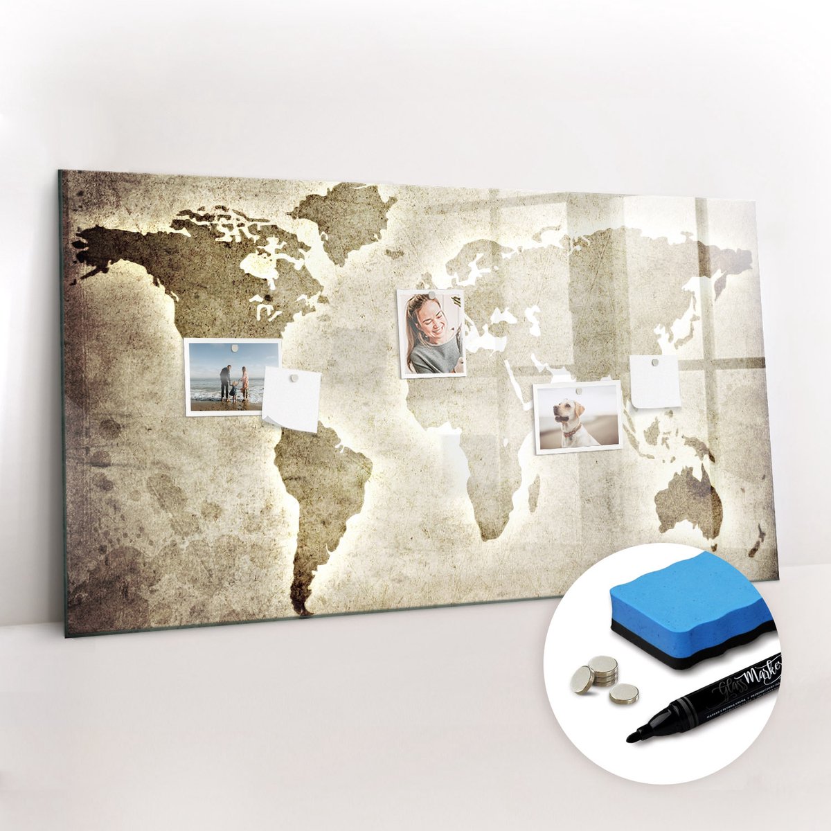 Tulup Whitebord - Aardbolkaart - 120 x 60 cm - Grijs Memo Bord - Gratis 5 Sterke Magneten + Whiteboard Marker & Wisser - Organizer Muur - Magneetbord Design - Planning Muur