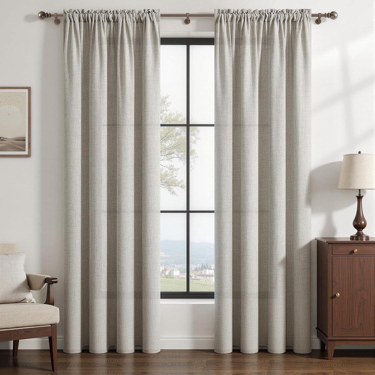 Linnen gordijnen met stangdoorgang linnenlook gordijn halftransparant set van 2, 225 cm lang, 140 cm breed, moderne gordijnen voor woonkamer slaapkamer binnendecoratie raam