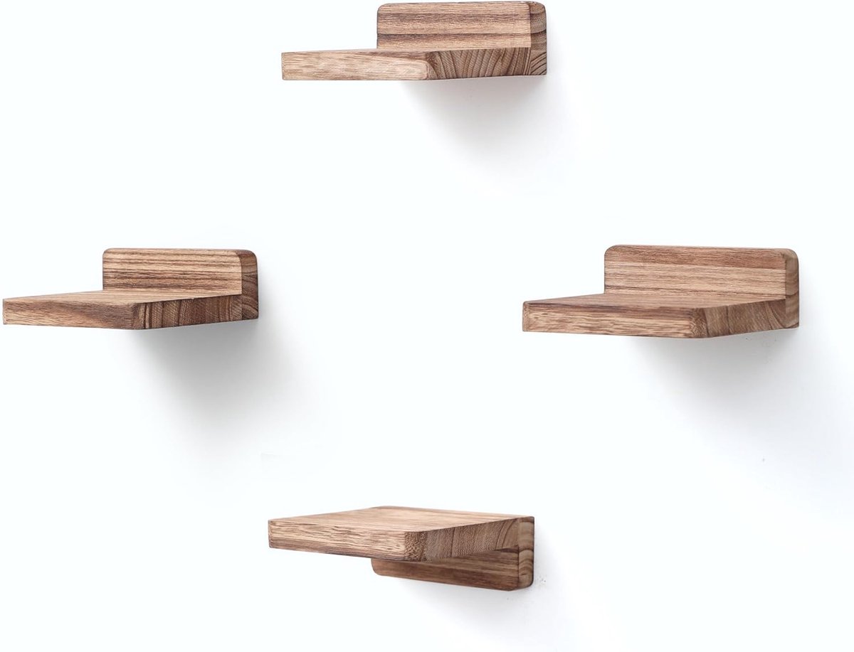 Planken voor Muur, Set van 4, Houten Vierkante Plank voor Kleine Voorwerpen, Hangende Mini-plankdecoratie, 10,2 cmx10,2x4 cm(Zwart Koolzuur)