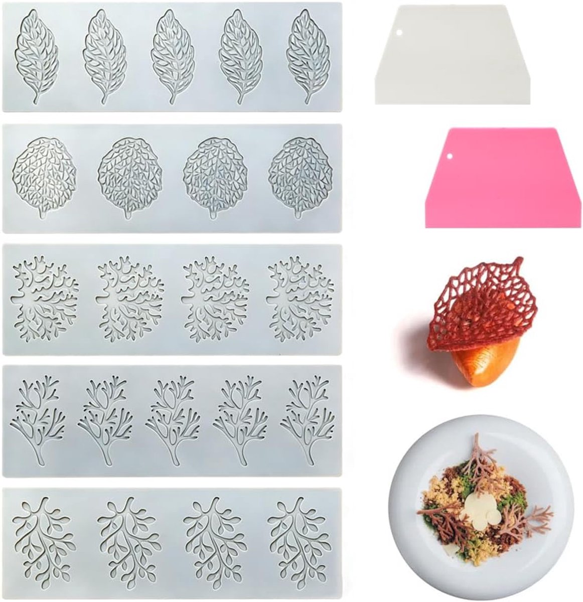 5 stuks bladeren siliconen vorm 3D bladtakken taartdecoratie met 2 schrapers tule mallen siliconen mallen voor desserts suikerhandwerk fruit taartdecoratie