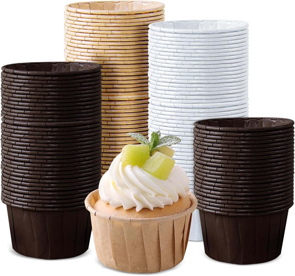 150 stuks muffinvormpjes, papier, wegwerpbakbekers, muffin, cupcake-vormen, vormpjes voor Kerstmis, bruiloft, verjaardag, feest, Kerstmis, bakvormpjes, papier in wit, bruin, donkerbruin