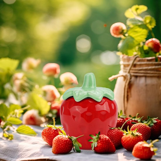 glazen met deksel, set van 2 vintage aardbeien-boerderijglazen met deksel, keramisch glas voor thee, suiker en meel, opslag, 260 ml — afbeelding 2