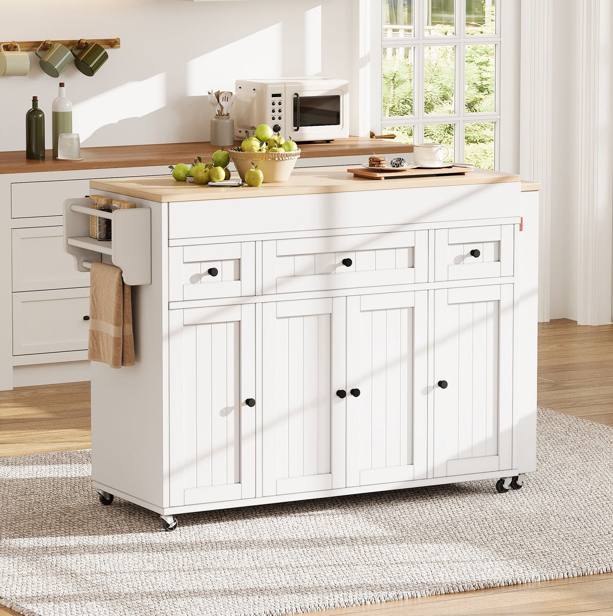 HAUSS SPOLE Keukenkast - Uitschuifbaar Met Wielen En Kruidenrek - Voor Keuken En Eethoek - MDF - 137-190,6x45,2x92 cm - Wit Naturel