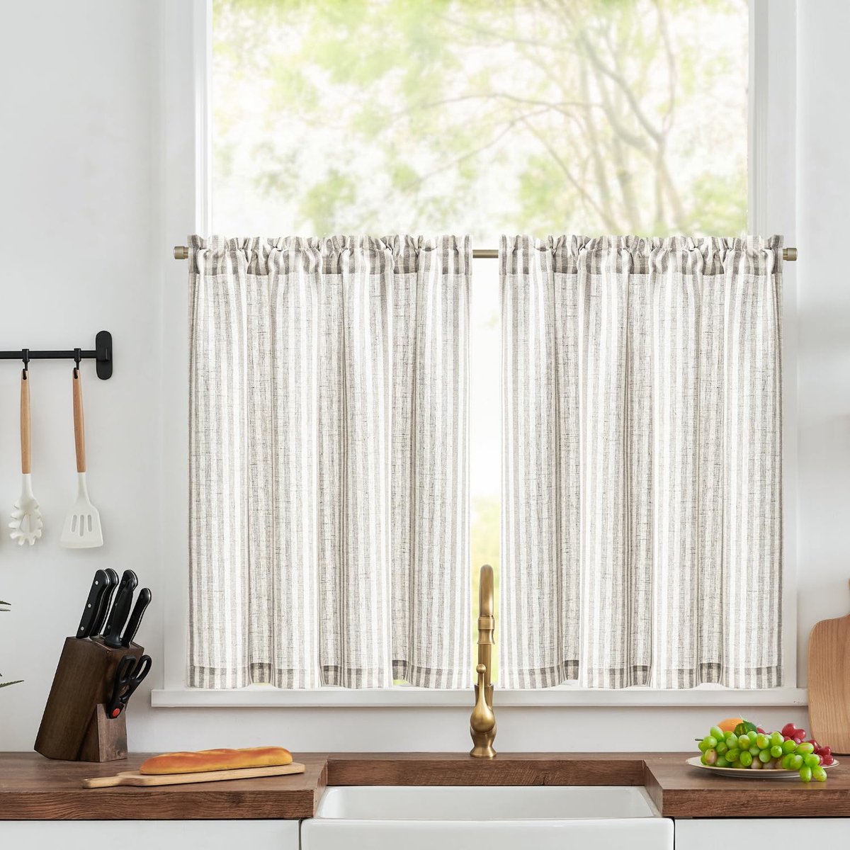 Vitrage, modern, bistrogordijn, linnen, gordijnen met strepen, keuken, keukengordijn, ondoorzichtig, kort, set van 2, H 90 x B 60 cm, keukengordijnen voor keuken, lichtdoorlatend, klein raam