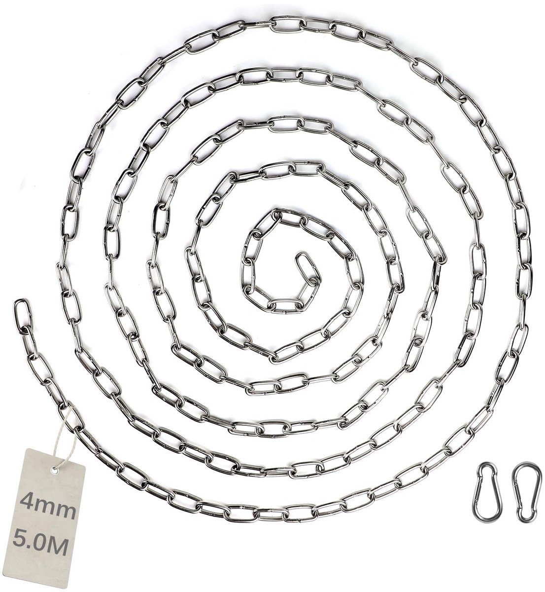 5 m roestvrijstalen ketting, 4 mm, stalen ketting, schakelketting, afsluitketting, sierketting met 2 karabijnhaken, metalen ketting om op te hangen, hondenketting, ankerketting, ronde