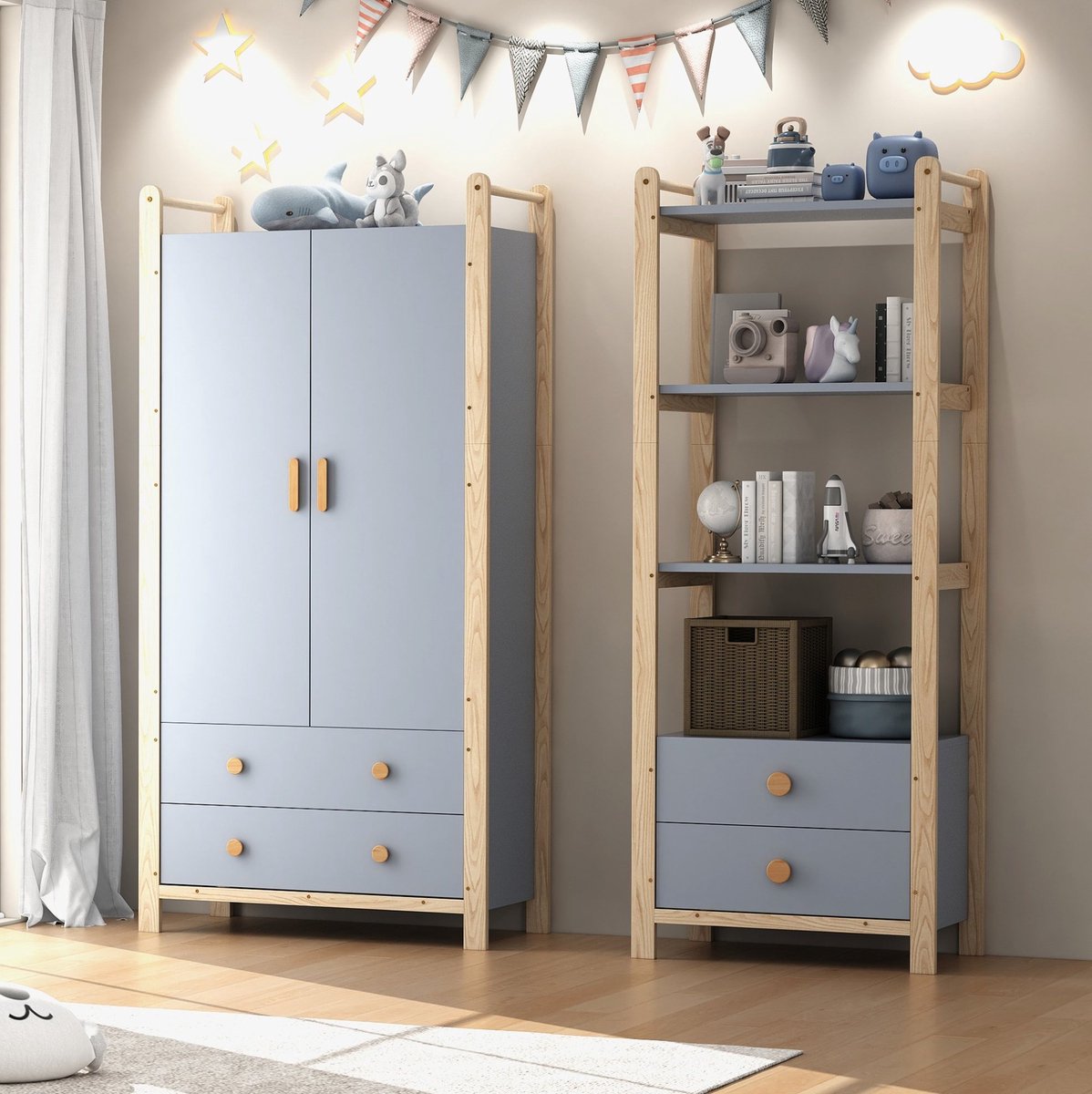 MIVRAY Kinderkast - Combinatie Met Kledingroede Open Vakken En Lades - Voor Kinderkamer Slaapkamer En Hal - Blauw Naturel - 160x44x180,5 Cm