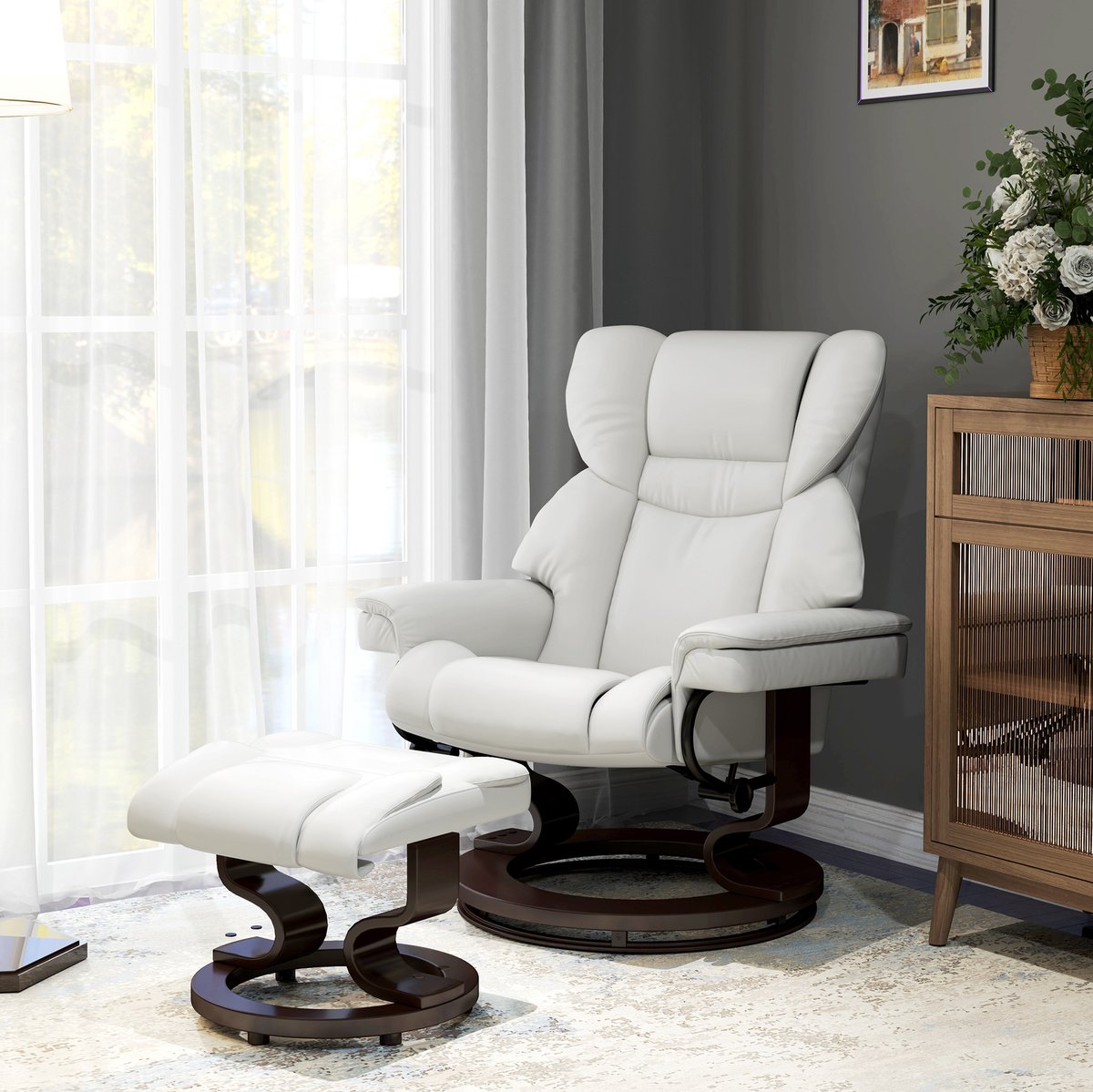 MEUNIQ elektrische relaxfauteuil met hocker en massagefunctie, 145° verstelbaar, 360° draaibare tv-fauteuil met afstandsbediening voor woonkamer, crèmewit Cream White