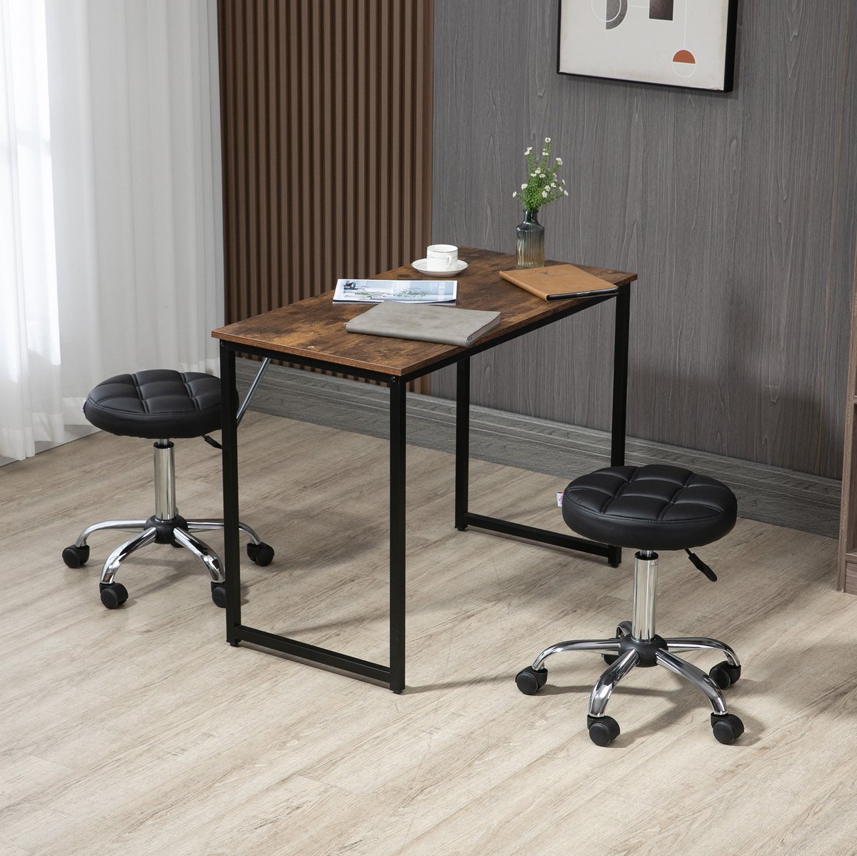 MEUNIQ 2-delige bureaukruk set zwart, hoogteverstelbare draaikruk met wielen, kunstleer, Ø35,5 cm, zithoogte 48-63 cm, 360 graden draaibaar