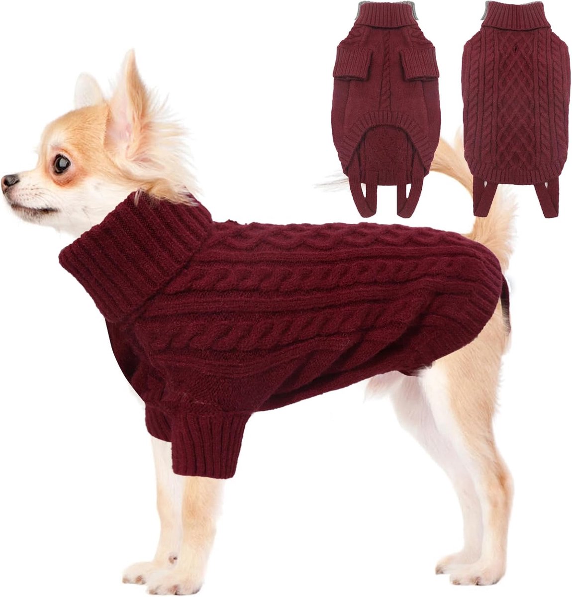 Kleine Hond, Warme Effen Hondentruien voor Sma, Gebreide Col Trui Hond met Harnas Gat, Huisdierkleding Honden voor Teckel, Dog Sweater Jumper, Bordeaux Rood, S