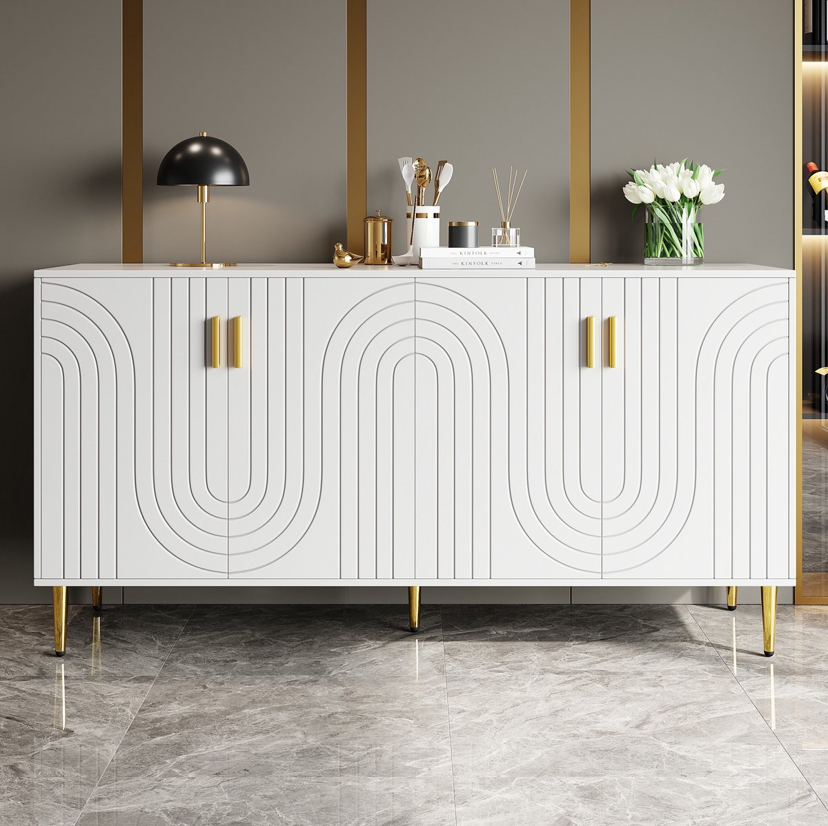 MIVRAY Dressoir - Golvend Front Met Gouden Handgrepen En Poten - Ruime Opbergkast Voor Eetkamer Of Woonkamer - MDF - Wit - 152x40x75 Cm