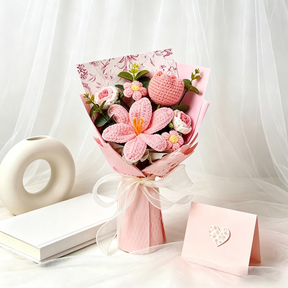 bloemen, gehaakte bloemen, gehaakte bloemen, kunsttulp voor Moederdag, Valentijnsdag, jubileum, bruiloft, verjaardag, cadeau voor mama, vrienden, geliefden (roze)