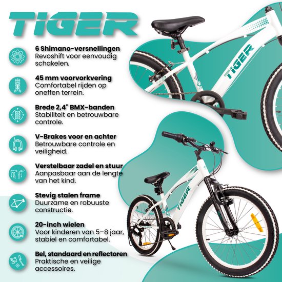 Tiger Bike Kinderfiets voor jongens van 6 tot 10 jaar, 20 inch Wit Groen, wielmaat te kiezen uit 6 versnellingen Shimano, in hoogte verstelbaar van Tiger Bike — afbeelding 5