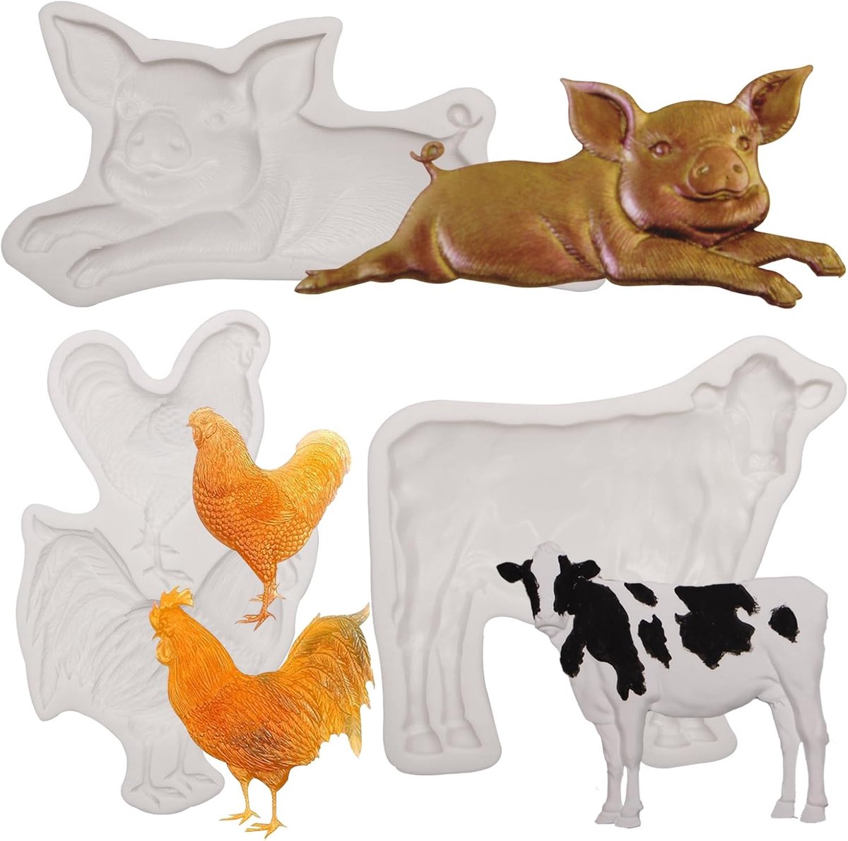 fondantvormen met haan, kip, varken, rundvlees, boerderijdier, chocoladebakvormen voor taartdecoratie, snoep, cupcake-topper, polymeerklei, knutselen, boerderijdieren set