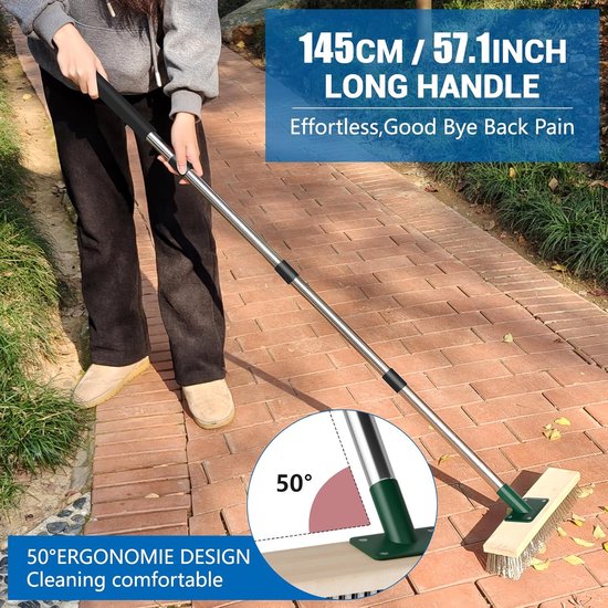 Duty draadbezem outdoor tuinbezem met 144,8 cm lange steel, tuin patio borstel stijve metalen borstel draad borstel voor het verwijderen van onkruid mos, vloer schrobbborstel voor — afbeelding 4