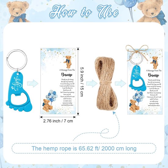 50 Delige Set Bedankjes voor Babyshower Jongen: Flesopeners, Tags en Welkomstbord van Amy & Benton — afbeelding 5