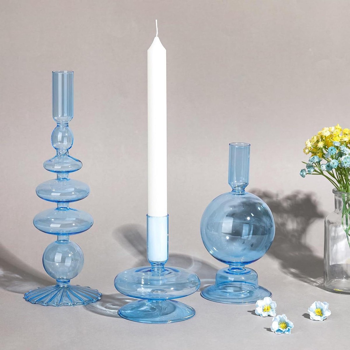 Glazen Kandelaars - Elegante Houders - Sfeervolle Decoratie - Golvend Design - 3 Maten Set - Lichtblauw