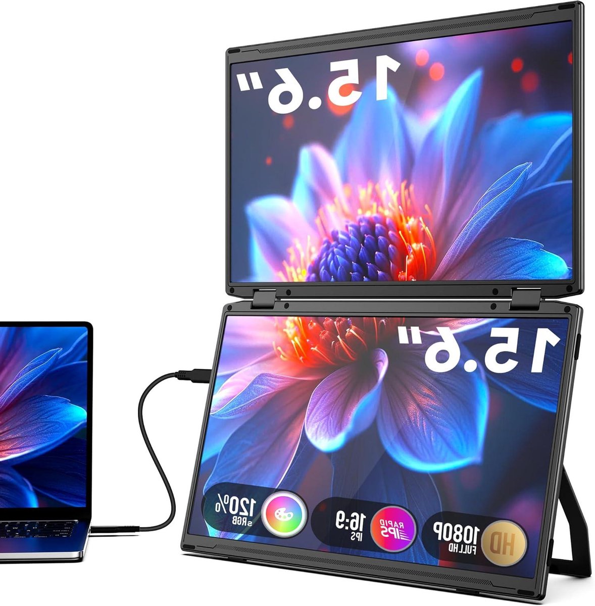 Draagbare monitor - Laptop scherm - Multitasken op reis - Dubbele uitklapbare schermen - 156 inch - Zwart