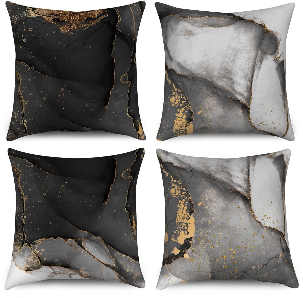 kussenslopen 45 x 45 cm set van 4, zwart grijs goud abstracte marmeren textuur inkt decoratieve sierkussenslopen aquarel moderne kunst linnen kussenslopen voor bank bank buiten