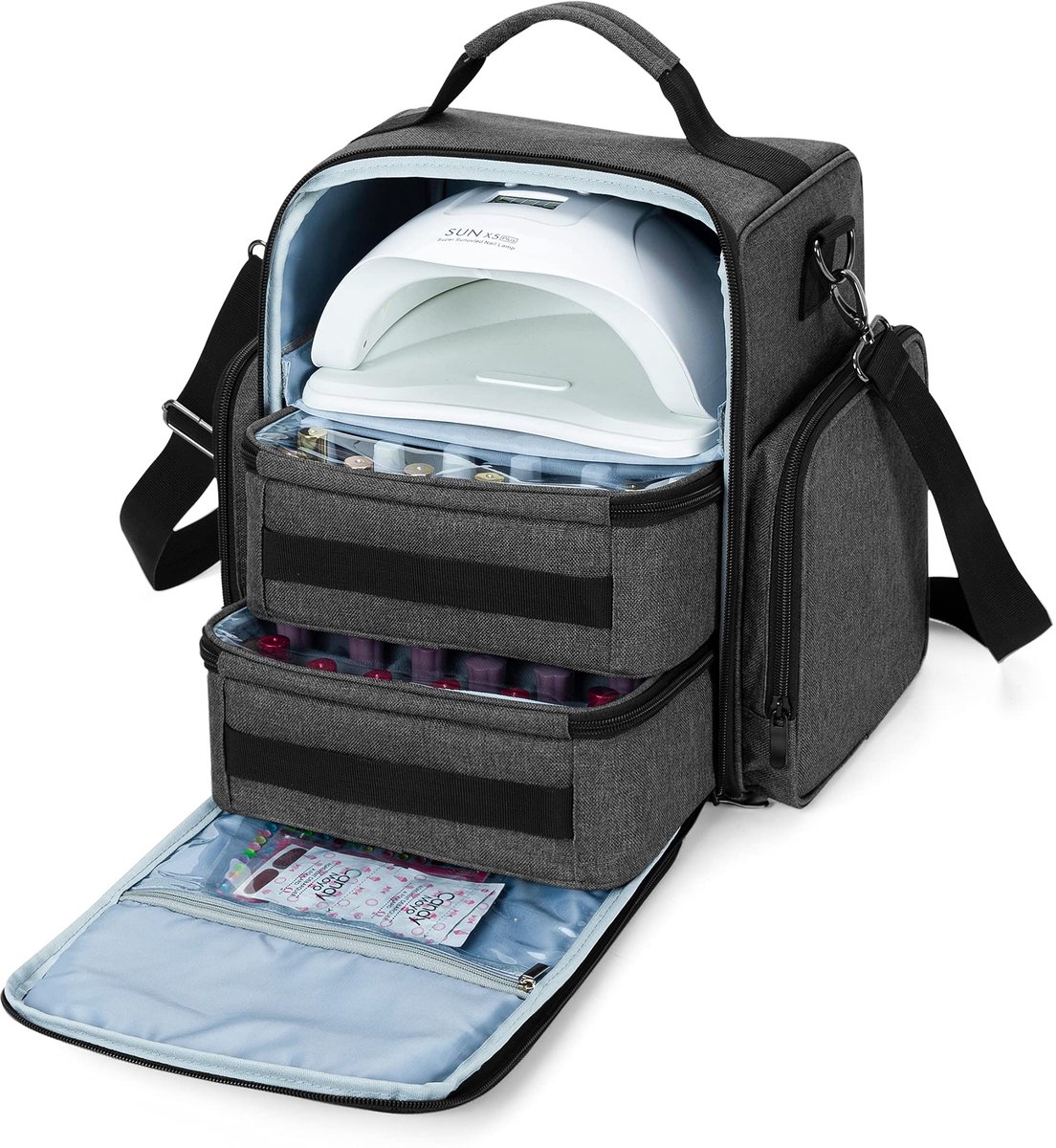 Nagellak Organizer voor 48 flesjes (15 ml - 0,5 fl.oz) en een nagellamp, grote nagellak case met 2 verwijderbare zakjes en meerdere opbergsecties (alleen tas), zwart, gepatenteerd