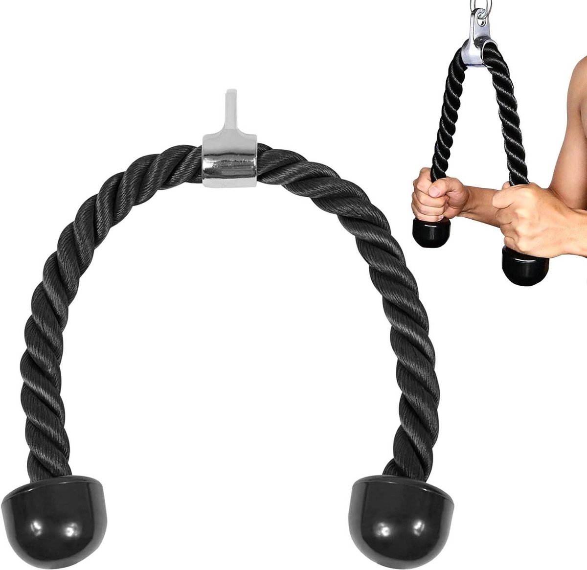 Triceps Touw - Fitness Touw Krachttraining - Spierontwikkeling Trainen - Met Rubberen Handvat - 70 cm - Zwart