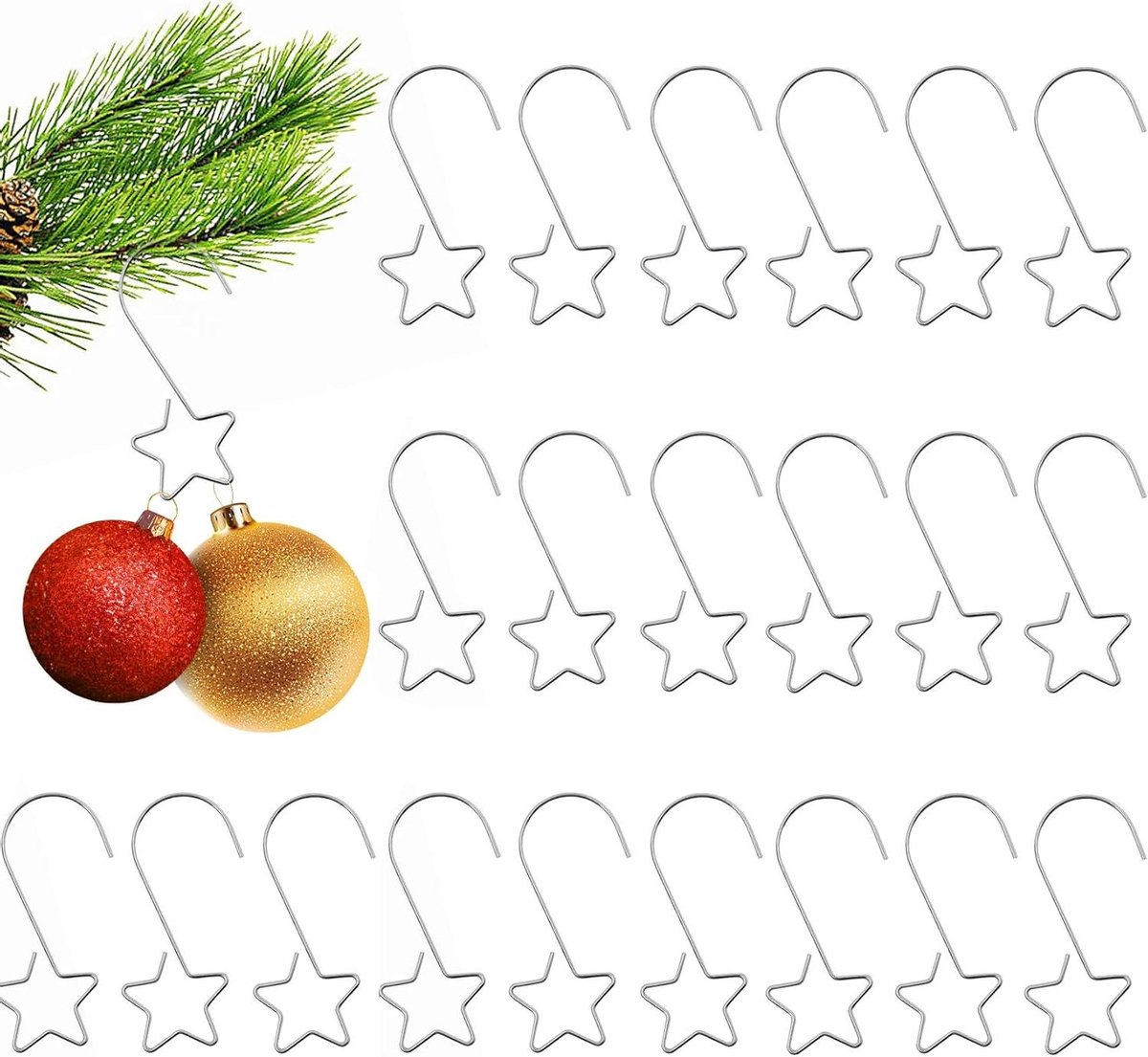 Kersthanger Haken - Kerstbal Hangers - Decoratie Ophangen - Stervormig Ontwerp - 60 Stuks - Zilver