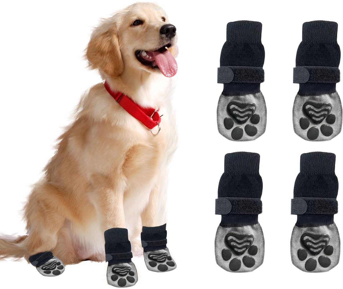 4 stuks hondensokken poten stoppen met likken met handgrepen, huisdierpootbeschermer hondenpootsokken met verstelbare riem voor puppy, hond, binnen, buiten, hardhouten vloer