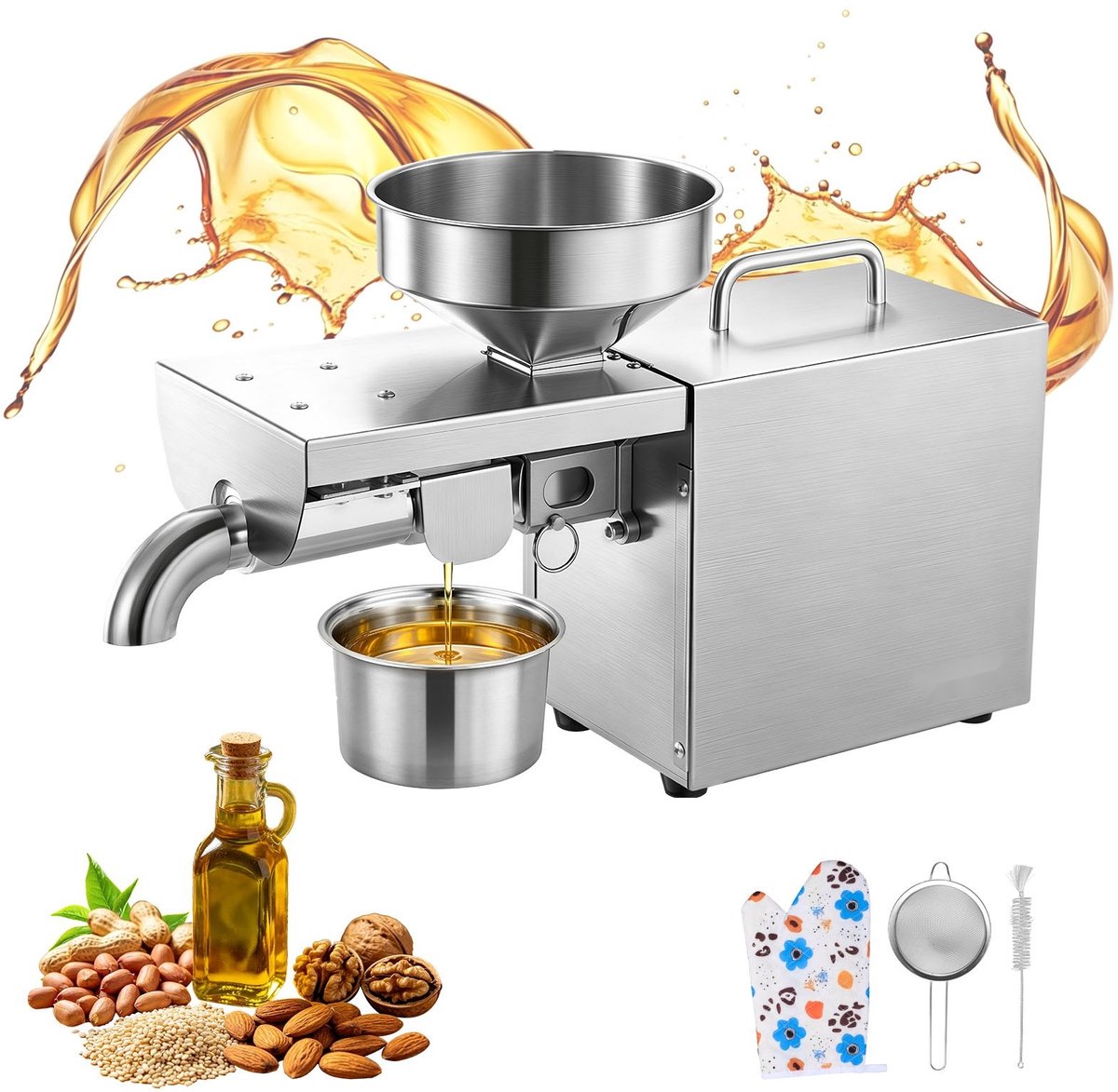 Elektrische oliepersmachine - Automatische oliemolen - Capaciteit 3,75 kg/u - Vermogen 700 W - Warmpersen tot 300 °C - Voor noten en zaden - RVS zilver