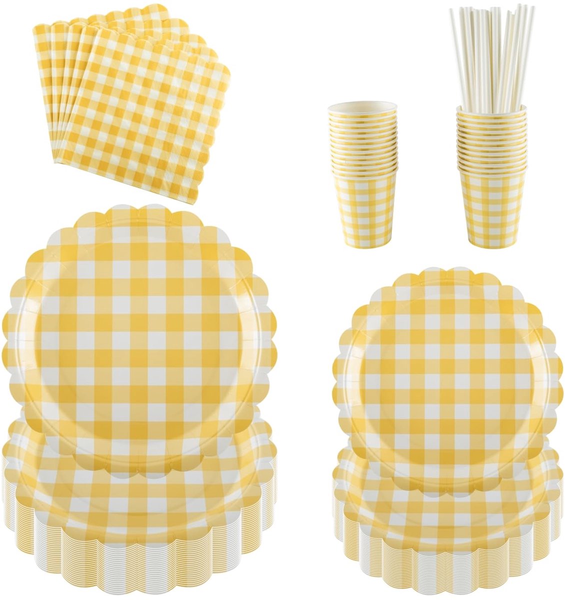 Servetten set, inclusief gele gingham gegolfde papieren borden (17,78 & 22,86 cm), perfect voor feesten, evenementen en vieringen