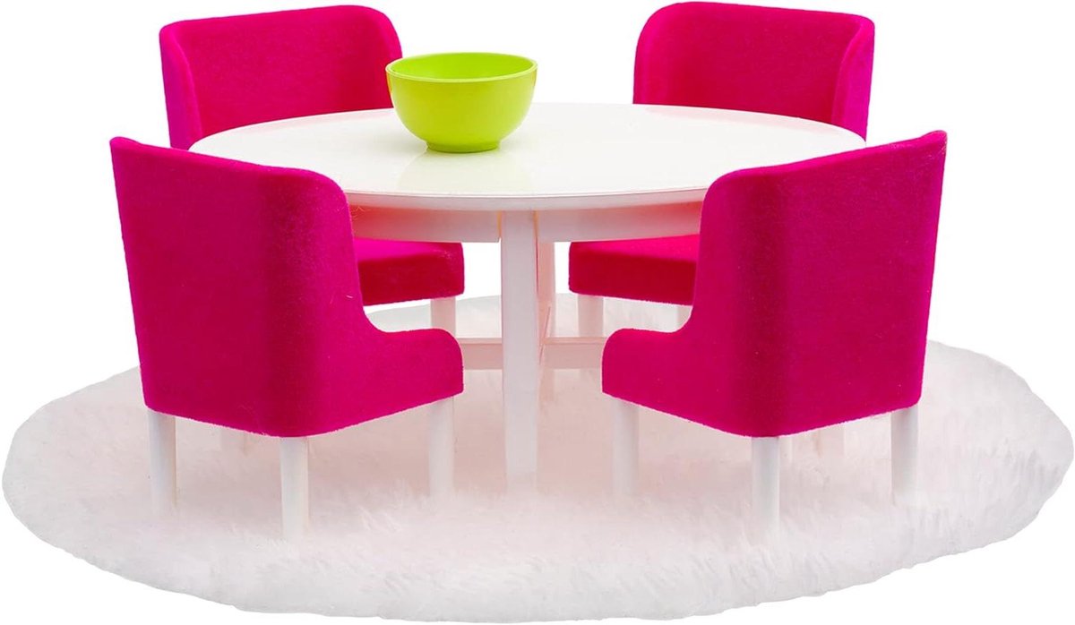 Eetkamer Set - Poppenhuis Meubels - Spelen met poppen - 7 Delig - Schaal 1:18 - Cerise Wit Groen