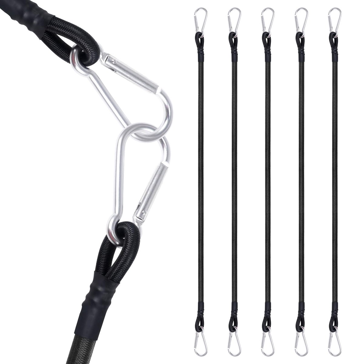 moinkerin Elastische touwen met karabijnhaak, 5 stuks, 30 cm, duurzaam, elastische haken voor bevestiging van bagage, bagagedragers, camping, motorfietsen en dekzeilen