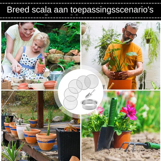 Grindzeef Set - Tuin Zeef - Bodem Verbeteren - 5 Verwisselbare Mazen - 20 cm Diameter - Zilverkleurig — afbeelding 4