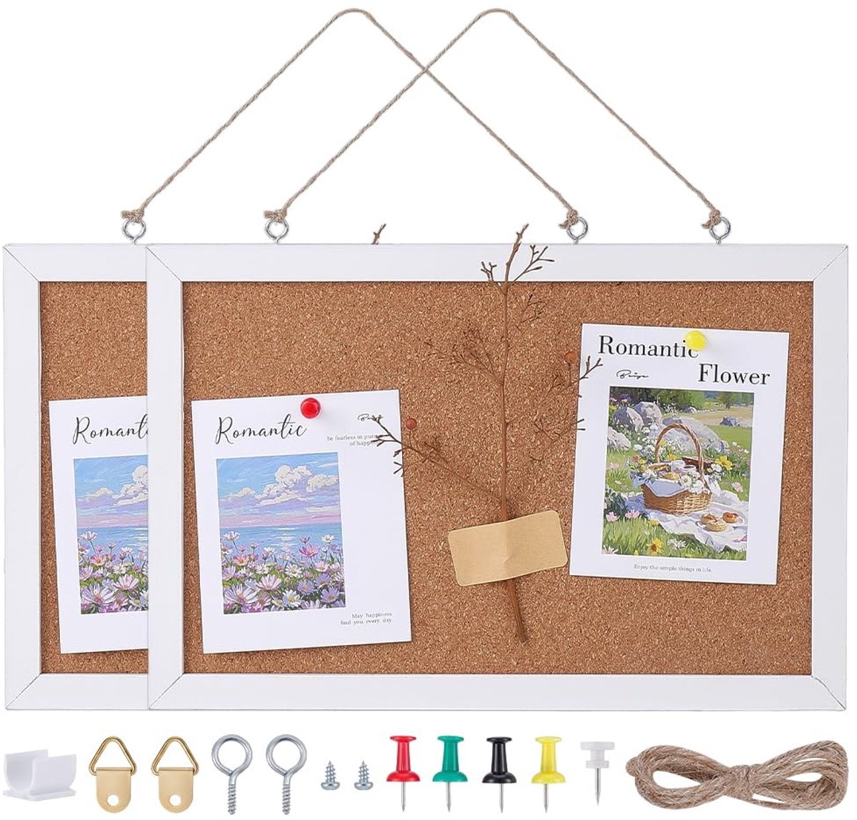 Dailygoods - WADORN 2 stuks kurkbord prikbord, rechthoekig wit frame muren prikborden opknoping kantoor prikborden met pin voor thuis, keuken, kantoor, school, prikborden, 39 x 20 cm